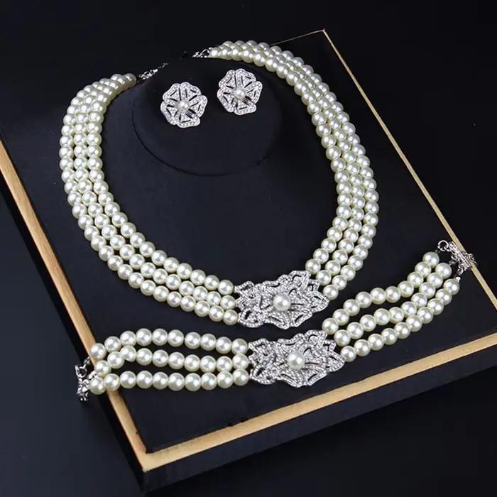 Ensemble de bijoux de mariage avec perles et acier inoxydable pour femmes occasions spéciales collier boucles doreilles bracelet style français