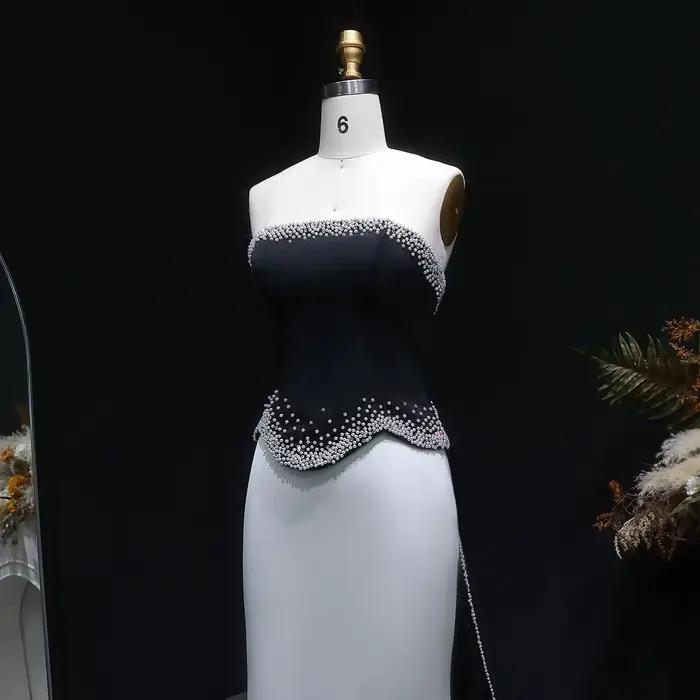 Sharon Said élégant robe de soirée sirène noir et blanc avec Train perlé femme