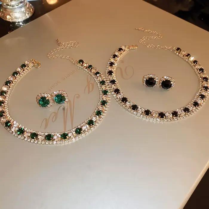 Collier et boucles d'oreilles tendance à la mode pour femmes, strass et motifs géométriques, ensemble de bijoux pour mariage, fiançailles et fêtes