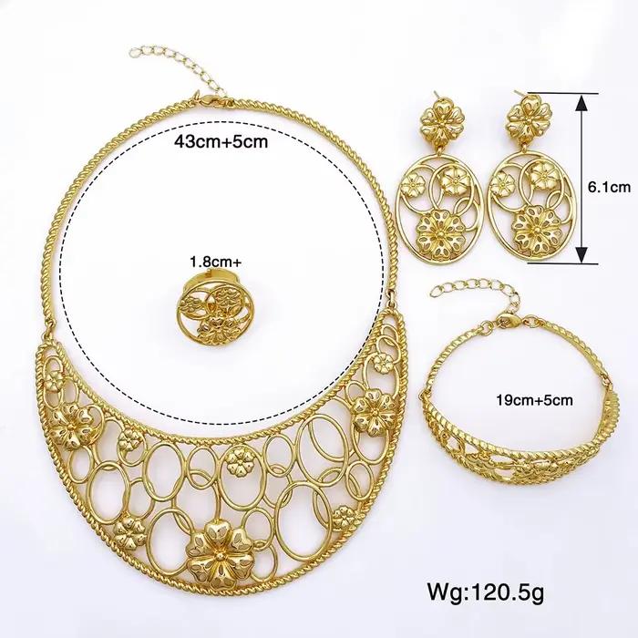 Ensemble de bijoux plaqués or pour femmes, collier et bracelet de mariage, bague et boucles d'oreilles élégantes pour occasions spéciales