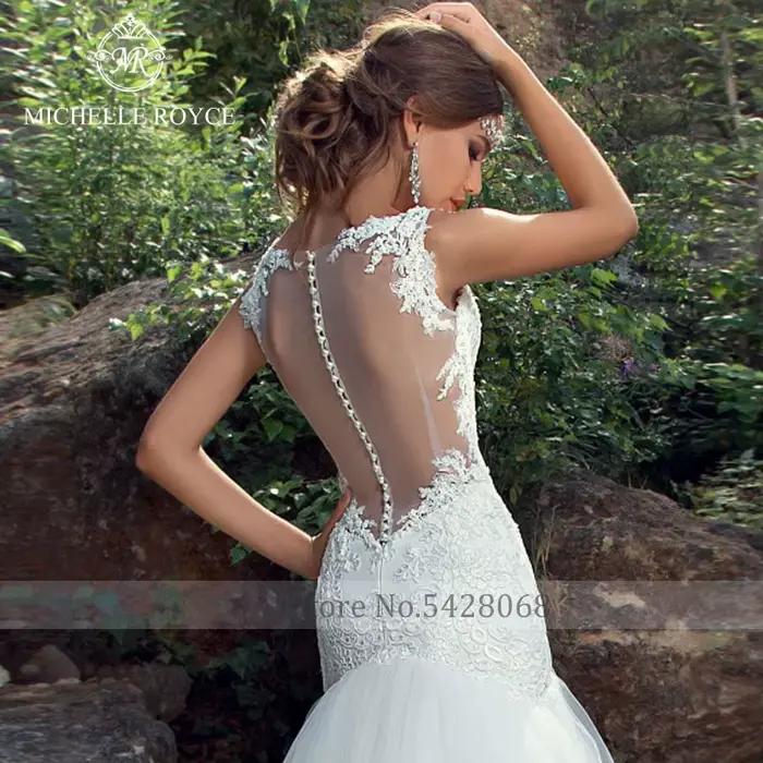 Robe de mariée Michelle Royce Sirène avec Appliques et Bouton Illusion Longueur au Sol pour Femmes Occasions Spéciales