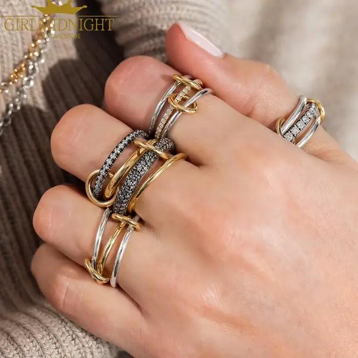Bague de fiançailles empilable pour femmes en or rose avec micro-pavé de zircon CZ et chaîne à maillons multicolores pour occasions spéciales engagement mariage