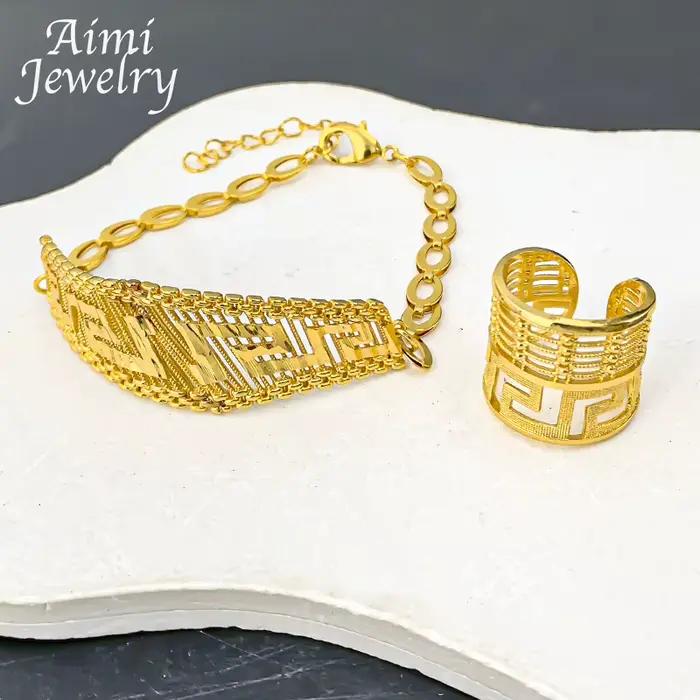 Parure de bijoux vintage d'origine de Dubaï plaquée or 18 carats pour femme, collier, boucles d'oreilles, bracelet, bagues en cuivre, cadeaux de mariage et de fête