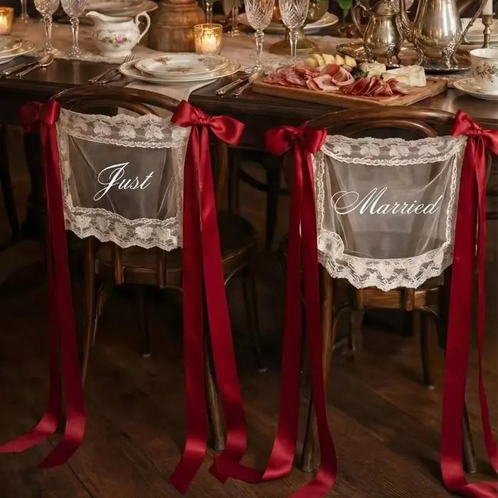 2 pièces de décorations en dentelle pour dossier de chaise de mariage, avec ruban et enseignes 'Just Married' pour chaises de mariés, bannières en dentelle transparente