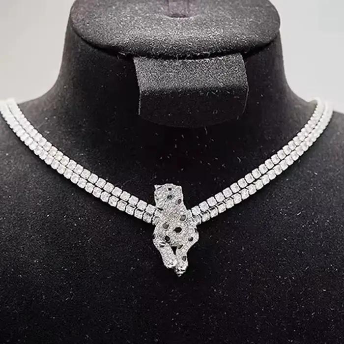 AYJEWELRY Nouvelle Tendance Collier Tennis Double Couche avec Pendentif Broche Panthère Léopard Noir en Zircon 5A