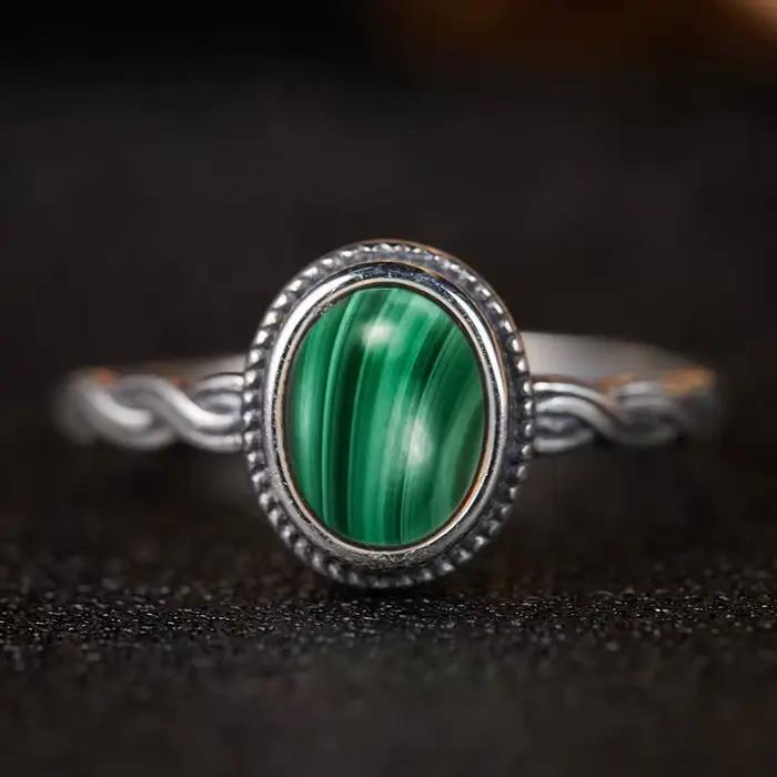 Bague vintage en argent sterling S925 avec malachite naturelle, design rétro et élégant pour femmes et hommes, idéal pour soirées, mariages et célébrations familiales