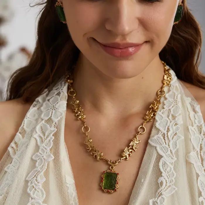 Parure de bijoux vintage carrée en émail vert