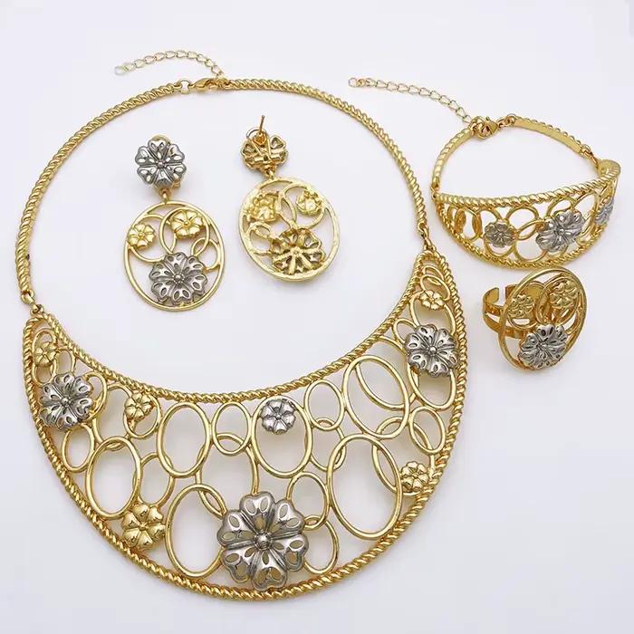 Ensemble de bijoux plaqués or pour femmes, collier et bracelet de mariage, bague et boucles d'oreilles élégantes pour occasions spéciales