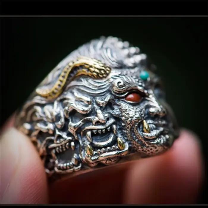 Bague démon bouddha double face dominatrice personnalisée pour hommes