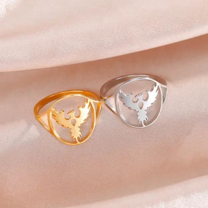 Bague ronde en acier inoxydable pour femme, bijoux fantaisie, papillon, phénix, oiseau, chat, chien, patte, hirondelle, cadeau, animal, document doré