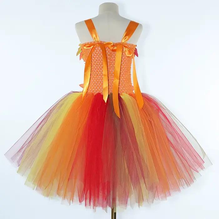 Robes d'automne à motifs feuilles d'érable pour filles, costumes de fée des bois pour Halloween avec ailes de papillon et baguette magique, tenue de carnaval de Thanksgiving