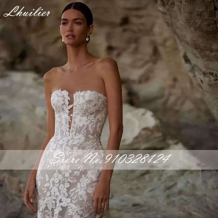 Robes de mariée sirène en dentelle sans bretelles personnalisées Lhuillier