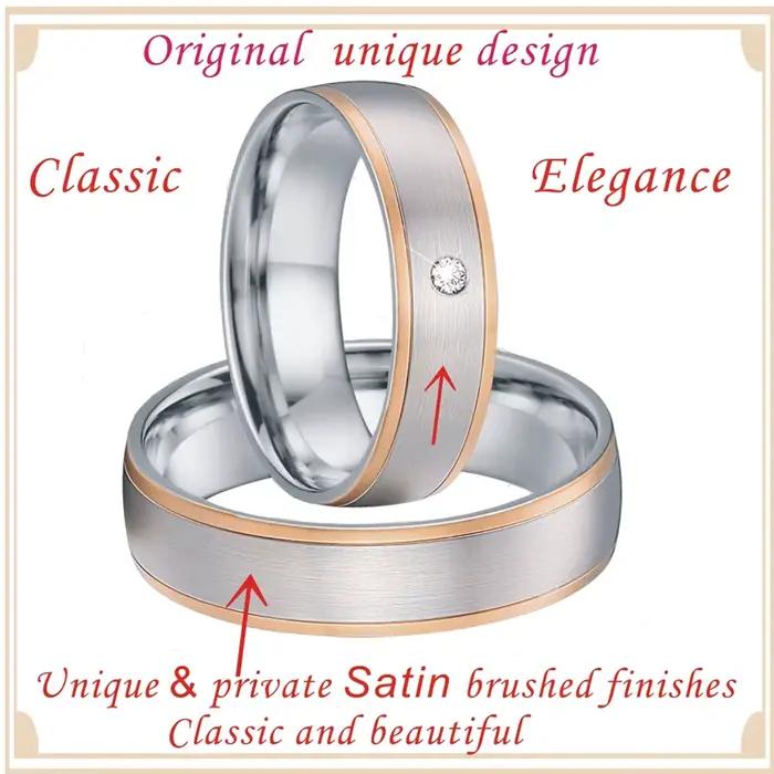 Alliances de mariage classiques en acier inoxydable plaqué or rose serties de zirconium blanc pour couples occasions spéciales mariage anniversaire