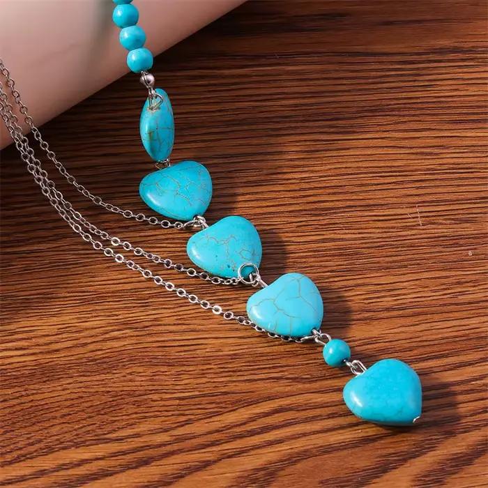 Collier en alliage de zinc avec cœur en turquoise pour femmes, colliers bohémiens vintage, bijoux tendance pour mariages et soirées