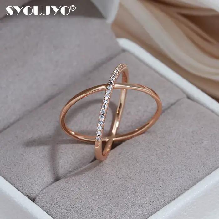 SYOUJYO – bagues de couleur or Rose avec croix géométrique Simple, pour femmes, en Zircon naturel, Micro-cire, Vintage, bijoux fins de luxe, cadeau, 585