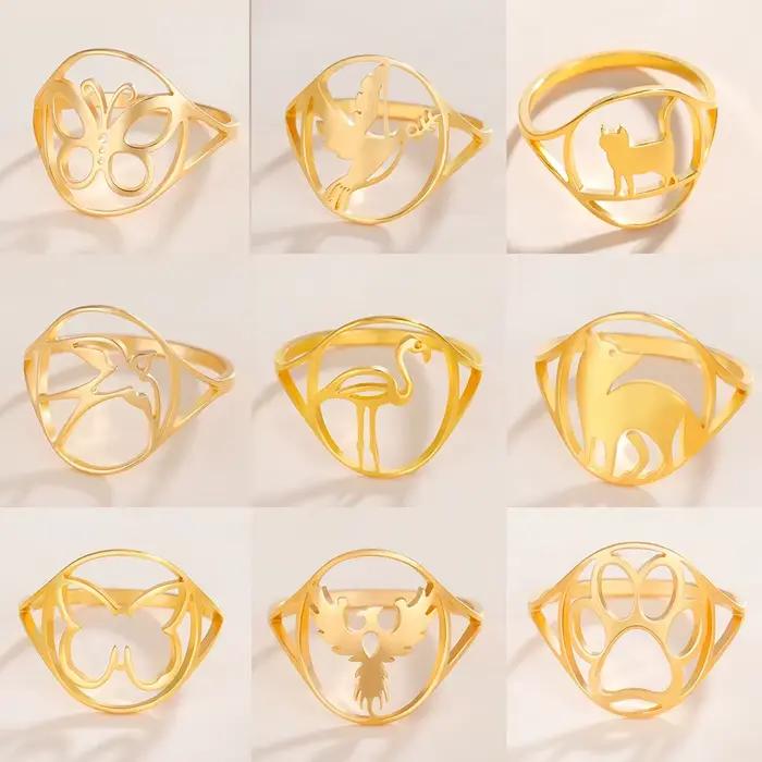Bague ronde en acier inoxydable pour femme, bijoux fantaisie, papillon, phénix, oiseau, chat, chien, patte, hirondelle, cadeau, animal, document doré