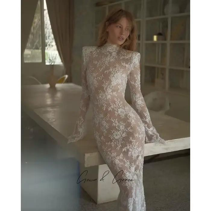 Gwn & Gce robes De mariée exquises sirène dentelle Appliques col haut robe
