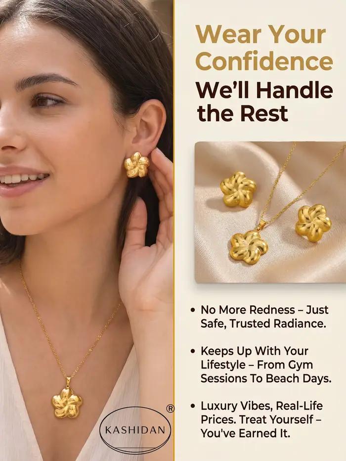 Parure de bijoux tendance en acier inoxydable pour femme : collier pendentif fleur 3D épaisse et boucles d'oreilles clous florales lisses