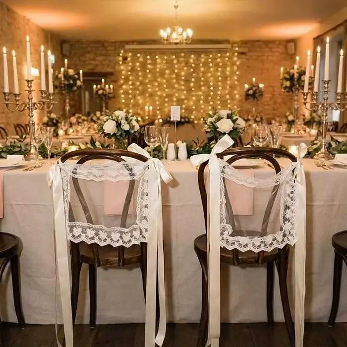 2 pièces de décorations en dentelle pour dossier de chaise de mariage, avec ruban et enseignes 'Just Married' pour chaises de mariés, bannières en dentelle transparente