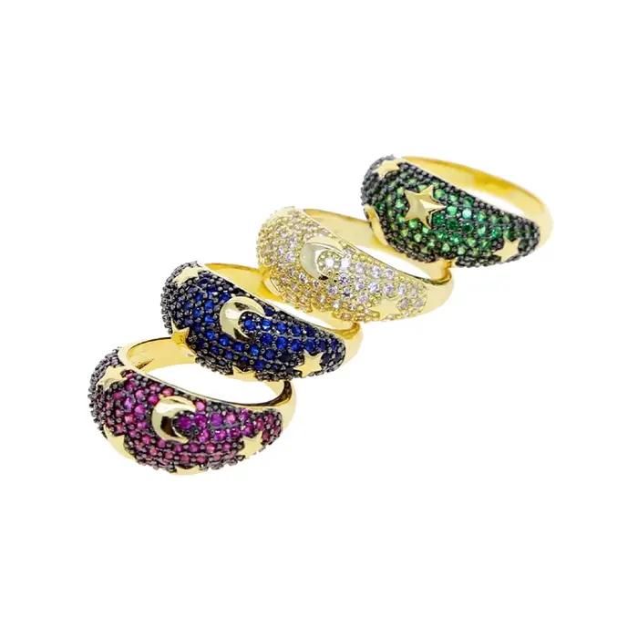 Bague en or arc-en-ciel avec lune et étoiles pour femmes et hommes, bijoux de luxe en émail néon coloré, style hip hop glacé, à offrir pour occasions spéciales comme Noël, fiançailles, mariages et anniversaires