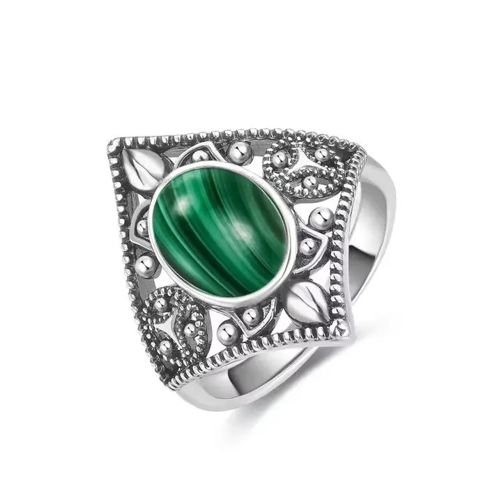 Bague vintage en argent sterling S925 avec malachite naturelle, design rétro et élégant pour femmes et hommes, idéal pour soirées, mariages et célébrations familiales