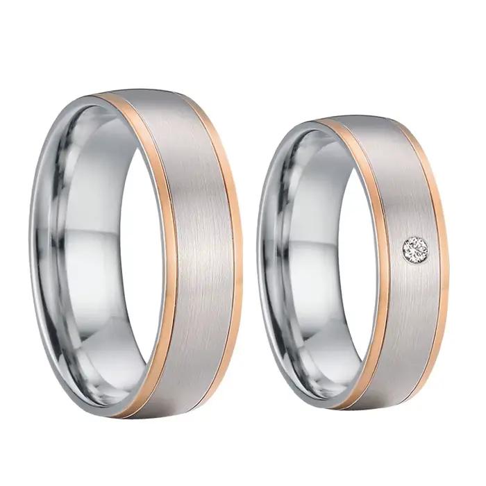 Alliances de mariage classiques en acier inoxydable plaqué or rose serties de zirconium blanc pour couples occasions spéciales mariage anniversaire