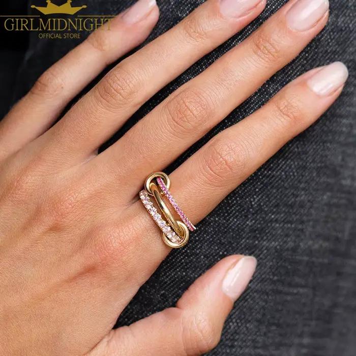 Bague de fiançailles empilable pour femmes en or rose avec micro-pavé de zircon CZ et chaîne à maillons multicolores pour occasions spéciales engagement mariage