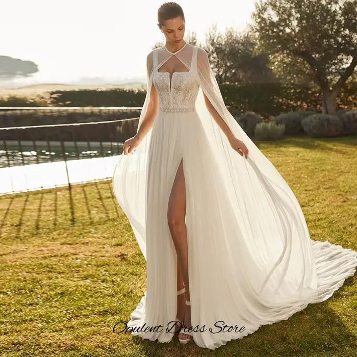 Robe de mariée classique en mousseline de soie avec fente latérale, style A, col carré, appliques et perles, élégante pour femmes, idéale pour les cérémonies de mariage, cocktails et événements spéciaux