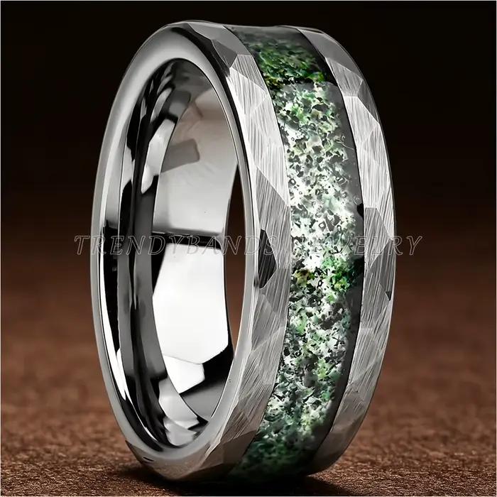 Bague en carbure de tungstène martelé de 8 mm pour homme et femme, avec incrustation de pierre d'agate, bijoux de mode, ajustement confortable