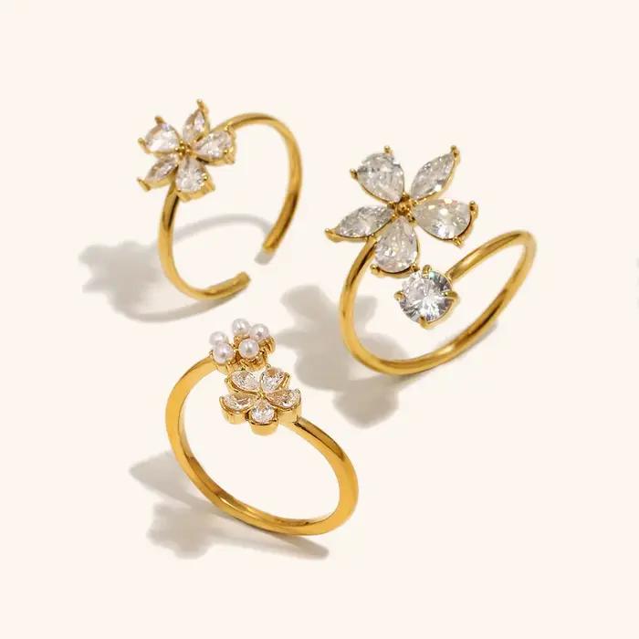 La. Muses – bague ouverte en acier inoxydable pour femmes, fleur scintillante en zircone cubique, bijoux haut de gamme, résistants à l'eau, cadeaux