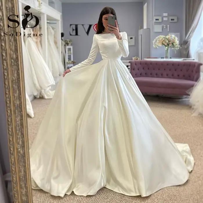 SoDigne-Robe de Mariée en Satin à Manches sulf