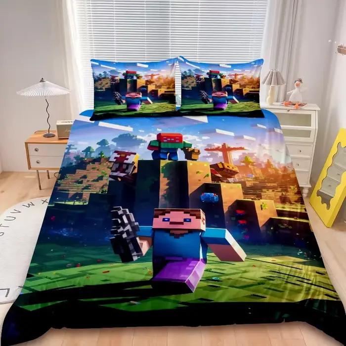 Ensemble de housse de couette Minecraft pour enfants, 2/3 pièces, ensemble de literie Game My World, housse de couette pour garçons, décoration de chambre à coucher, cadeaux