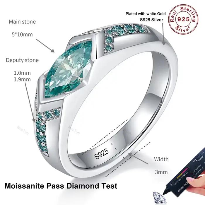 5x10mm Marquise coupe Mossanite anneaux pour femmes homme 925 argent Sterling avec plaqué or bijoux dames bande