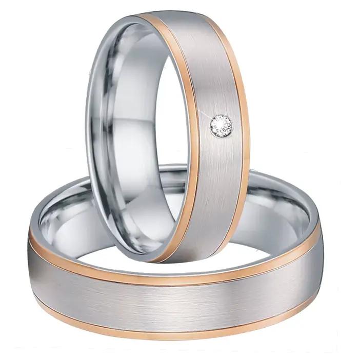 Alliances de mariage classiques en acier inoxydable plaqué or rose serties de zirconium blanc pour couples occasions spéciales mariage anniversaire