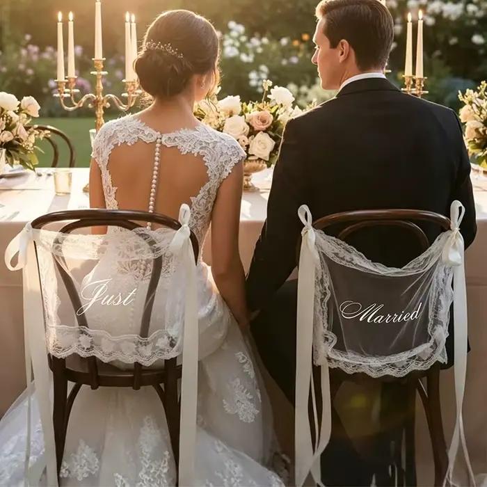 2 pièces de décorations en dentelle pour dossier de chaise de mariage, avec ruban et enseignes 'Just Married' pour chaises de mariés, bannières en dentelle transparente