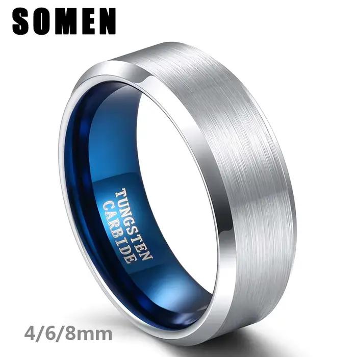 Bague en Tungstène 8mm Style Classique pour Hommes et Femmes Alliance de Mariage avec Intérieur Bleu et Service de Gravure Optionnel Occasions Spéciales