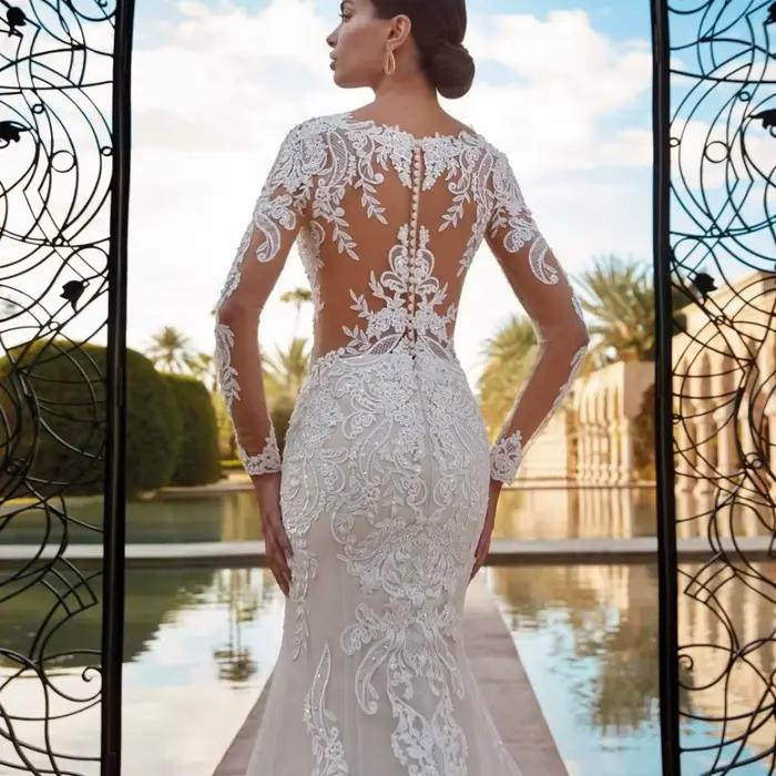 Robe de mariée sirène à col rond transparent Boho