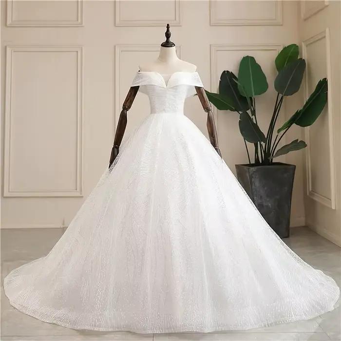 Robe de mariée de luxe paillettes classique col bateau épaules dénudées personnalisée occassions spéciales mariage traditionnel remariage