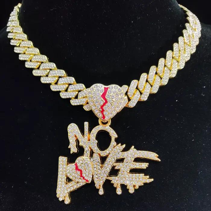Hommes femmes Hip Hop No Love coeur pendentif collier avec 14mm chaîne cubaine HipHop glacé Bling Hiphop colliers bijoux de mode