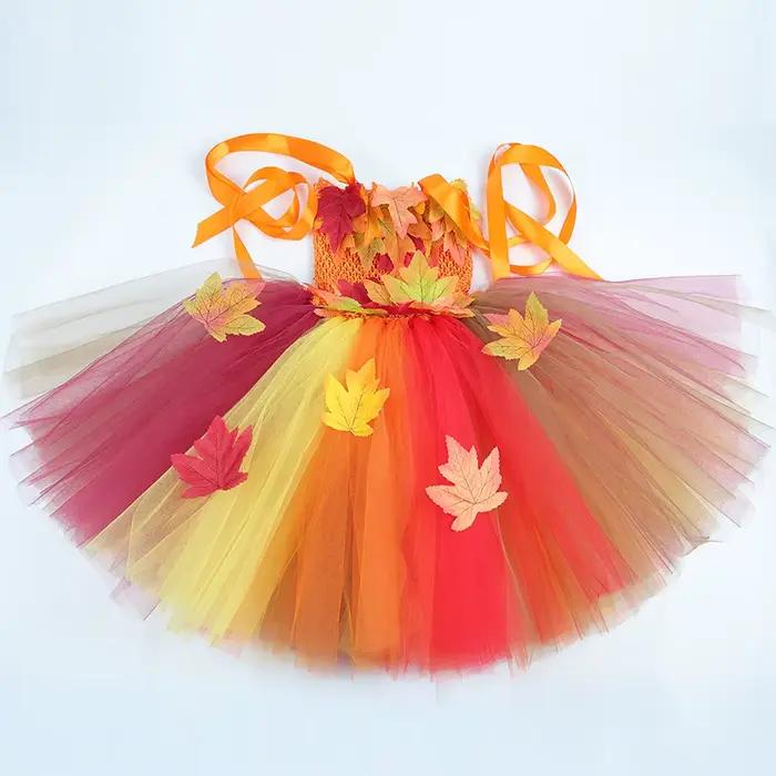 Robes d'automne à motifs feuilles d'érable pour filles, costumes de fée des bois pour Halloween avec ailes de papillon et baguette magique, tenue de carnaval de Thanksgiving