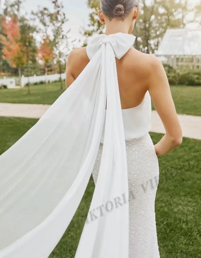 Robe de mariée VIKTORIA en mousseline de soie avec perles, arc et train de balayage élégante pour femmes occasions spéciales