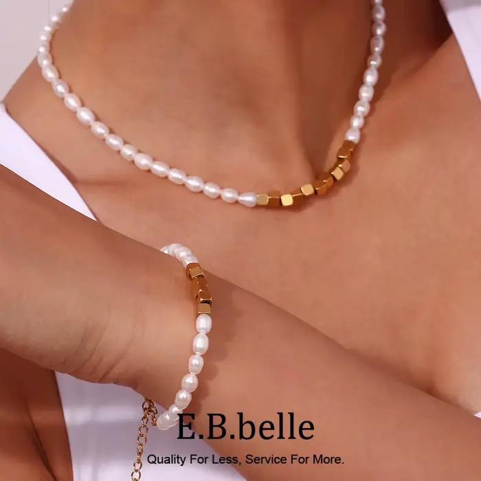 Ensemble de bijoux en perles d'eau douce et acier inoxydable doré pour femmes, collier et bracelet élégants à offrir pour occasions spéciales