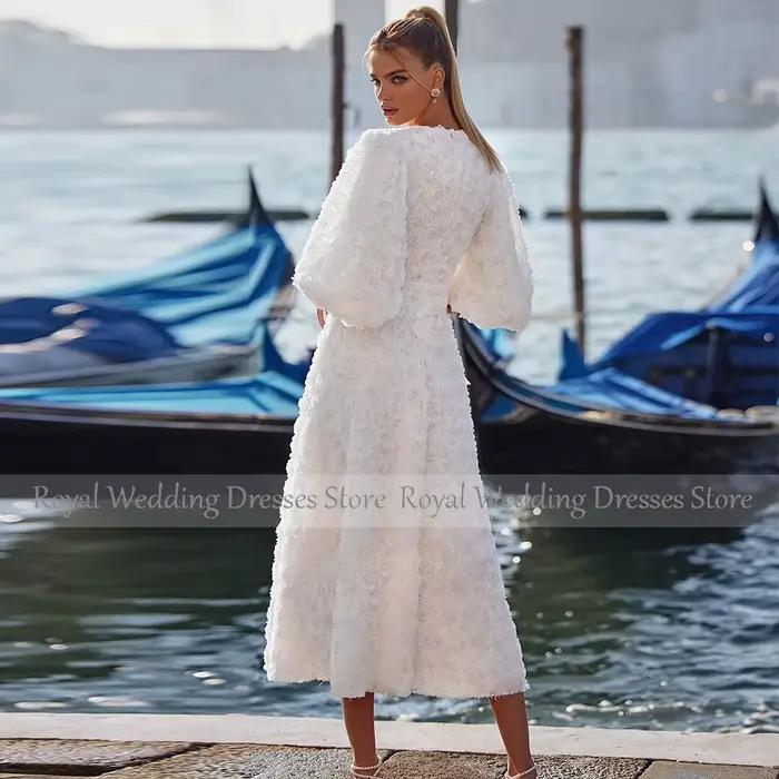Robe de Mariée Civile Élégante en Mousseline de Soie Blanche, Vêtement à Fleurs Faites à la Main, Coupe Trapèze, Col Rond, Mi-Longue, pour Femme, Occasions Spéciales