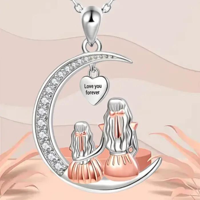 Collier Pendentif Créatif en Zircon Exquis, Motif Lune Mère et Fille en Étreinte, pour Femme, Charme Fête des Mères, Bijoux Ras-du-Cou