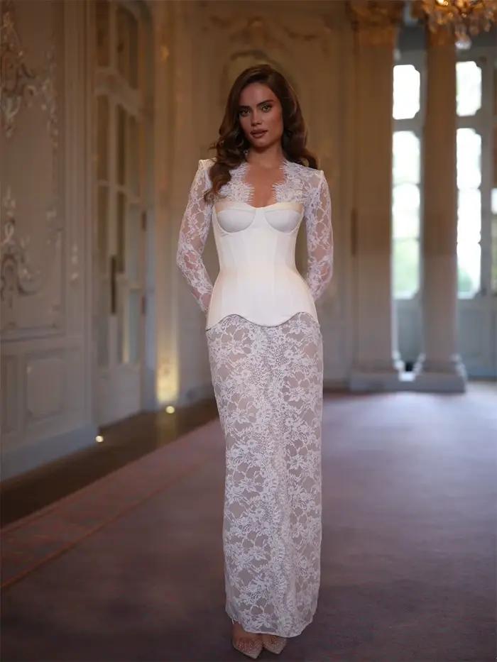 Robe de mariée sirène blanche personnalisée Kyoto en dentelle florale, manches longues, dos lacé, longueur ras du sol, vestidos de noche, robe de mariée