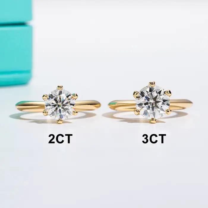 Plaqué or jaune 2ct 3ct D couleur Moissanite bagues de fiançailles Solitaire pour les femmes avec Cer bijoux