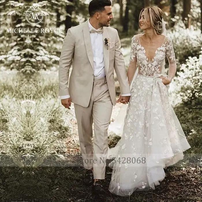 Michelle Royce a-ligne robes De mariée pour les femmes Sexy Appliques dos nu chapelle Train col en v profond robe