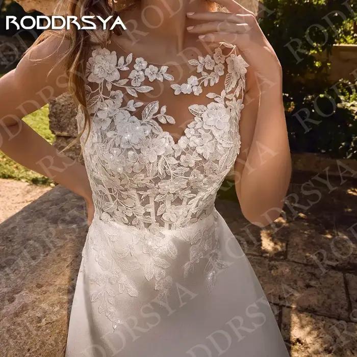 RODDRSYA robe de mariée sans manches Illusion col rond Applique dentelle Satin robes