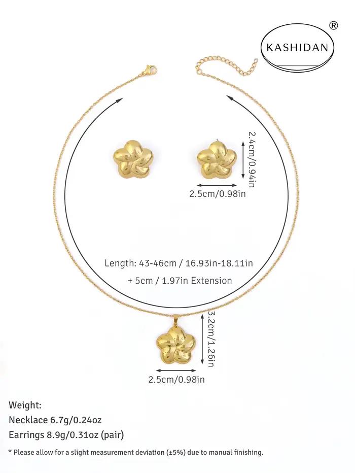 Parure de bijoux tendance en acier inoxydable pour femme : collier pendentif fleur 3D épaisse et boucles d'oreilles clous florales lisses