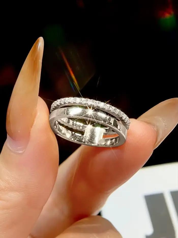 Bague ronde à double couche en diamant Moissanite véritable pour femmes